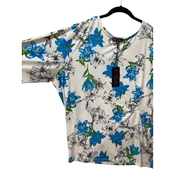 New DG2 Diane Gilman Floral Top Shirt 3/4 Sleeves Blue White Black Floral Ruffle - Picture 3 of 14